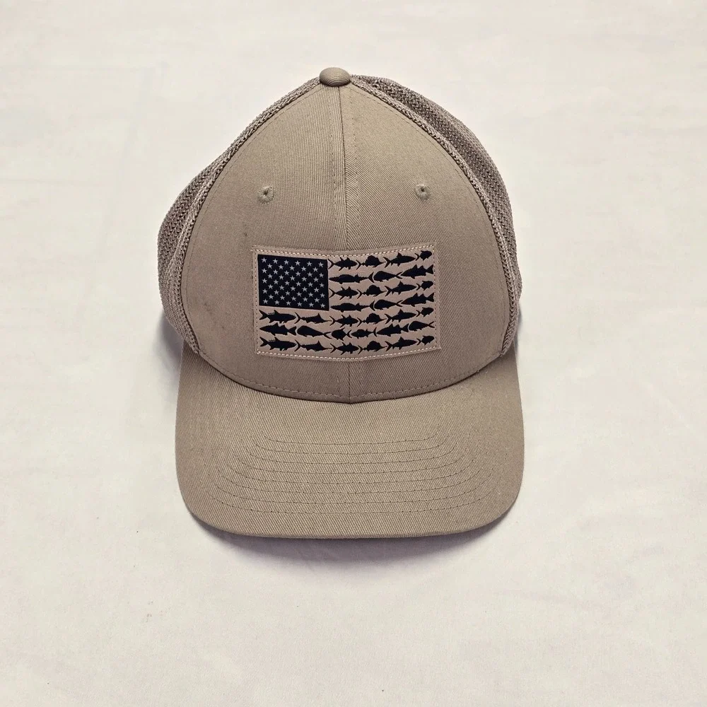 Columbia PFG Performance Fishing‎ Hat Tan Mesh American Flag Fish Logo Cap L/XL